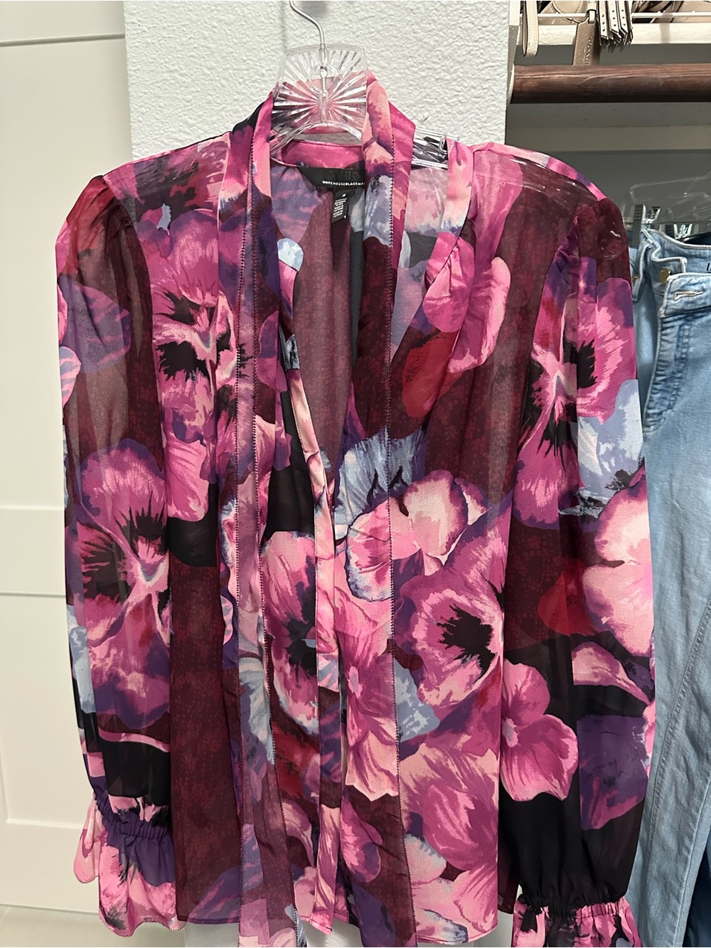 White House Black Market Pink Floral Tie-Neck Blouse